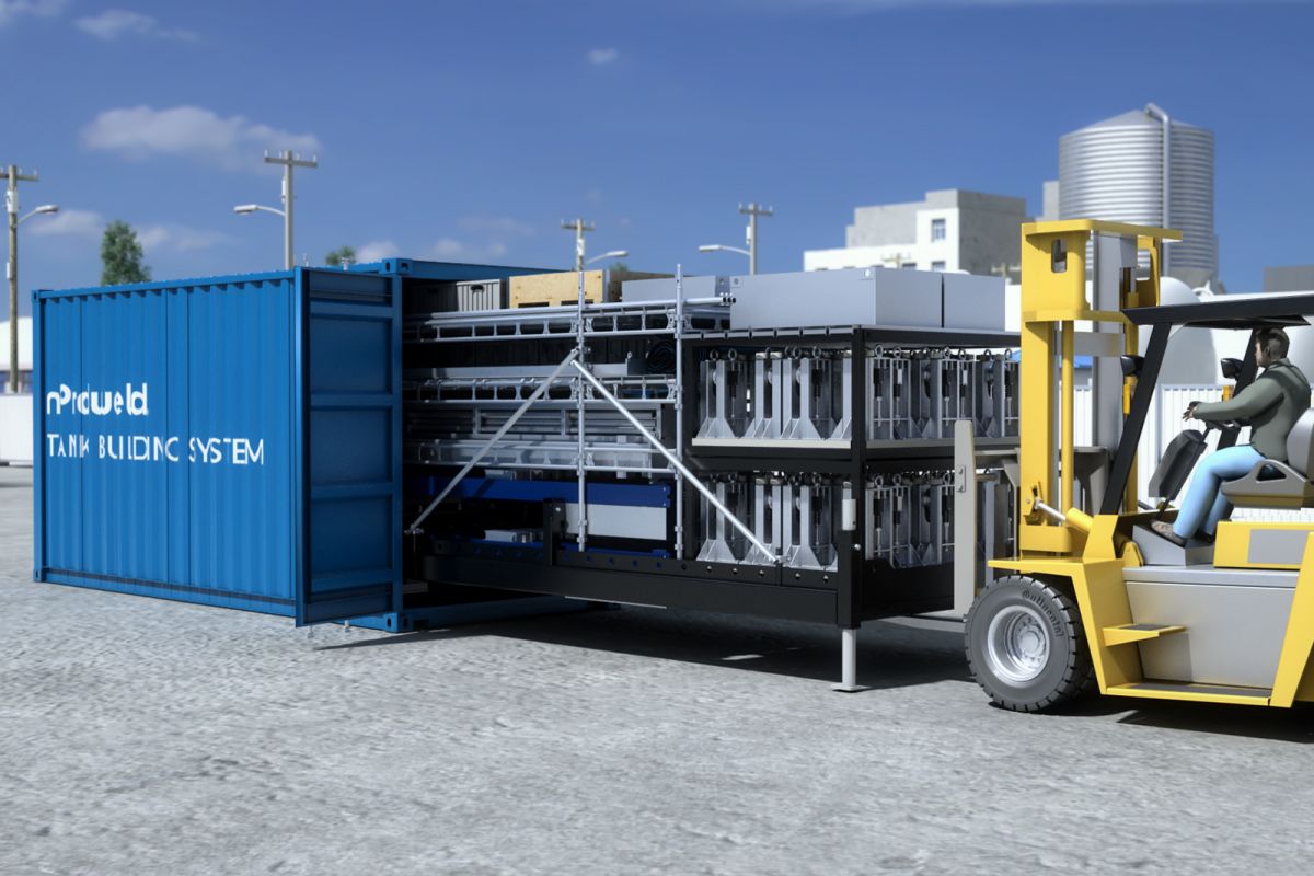 Nordweld Tank Building System unloaded from a 20ft HC container